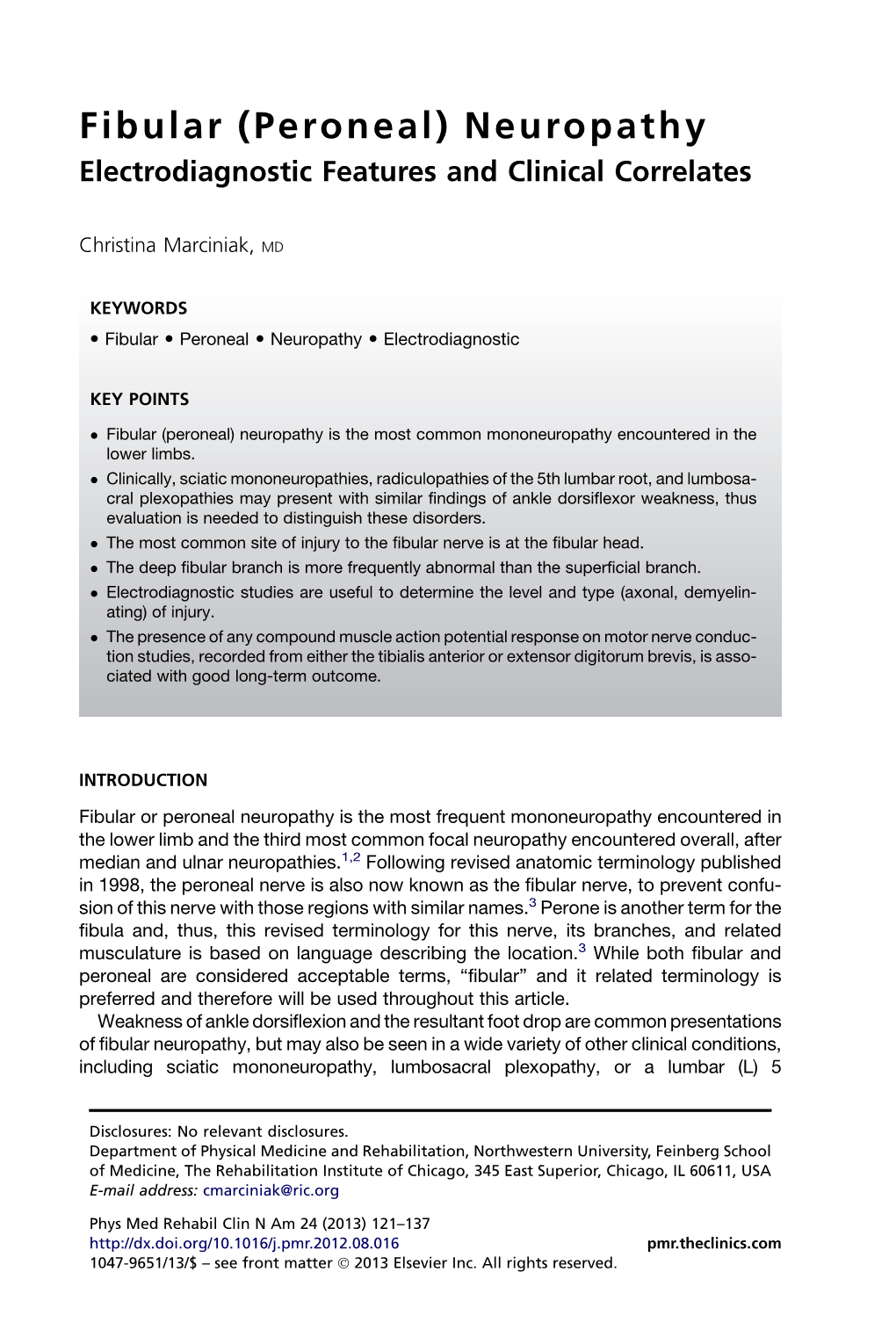 Fibular (Peroneal) Neuropathy Electrodiagnostic Features and Clinical Correlates