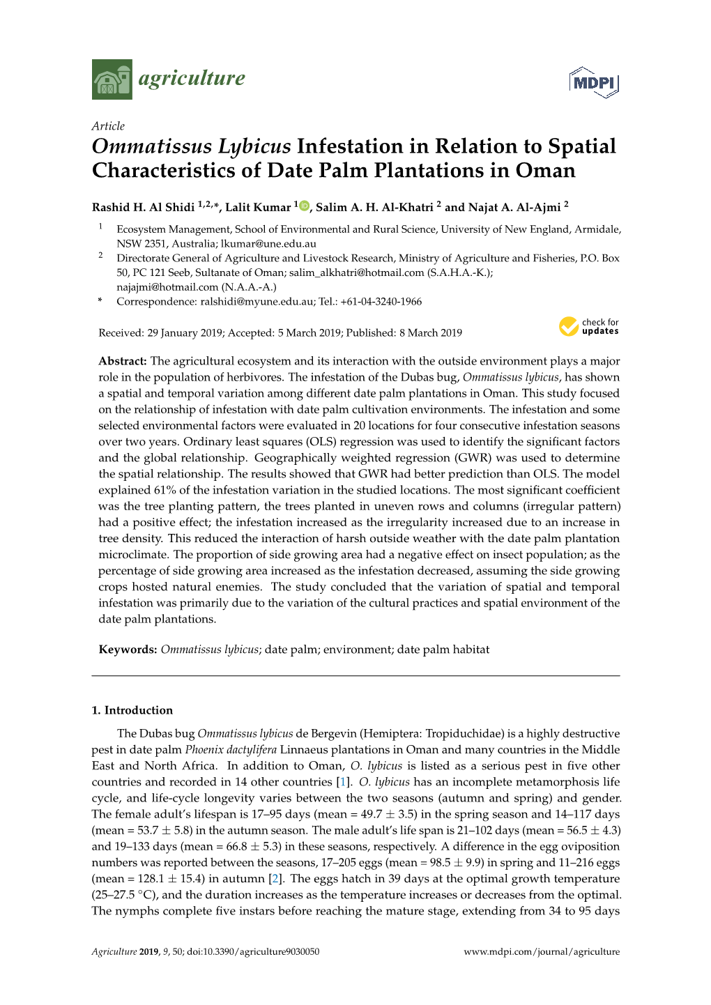 Ommatissus Lybicus Infestation in Relation to Spatial Characteristics of Date Palm Plantations in Oman