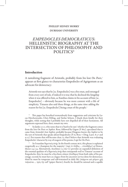 Empedocles Democraticus: Hellenistic Biography at the Intersection of Philosophy and Politics*
