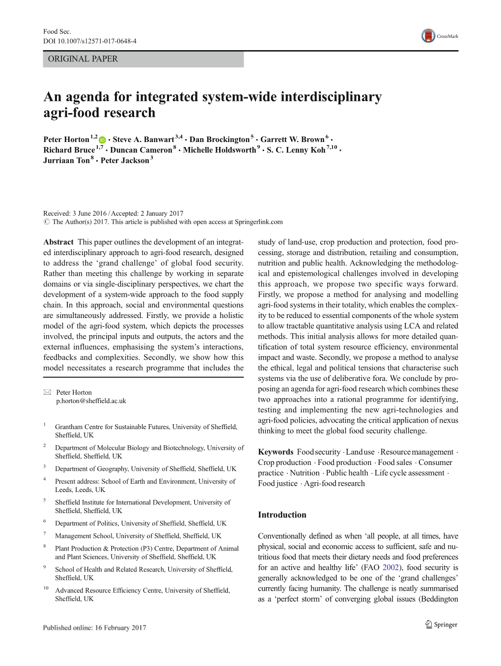 An Agenda for Integrated System-Wide Interdisciplinary Agri-Food Research