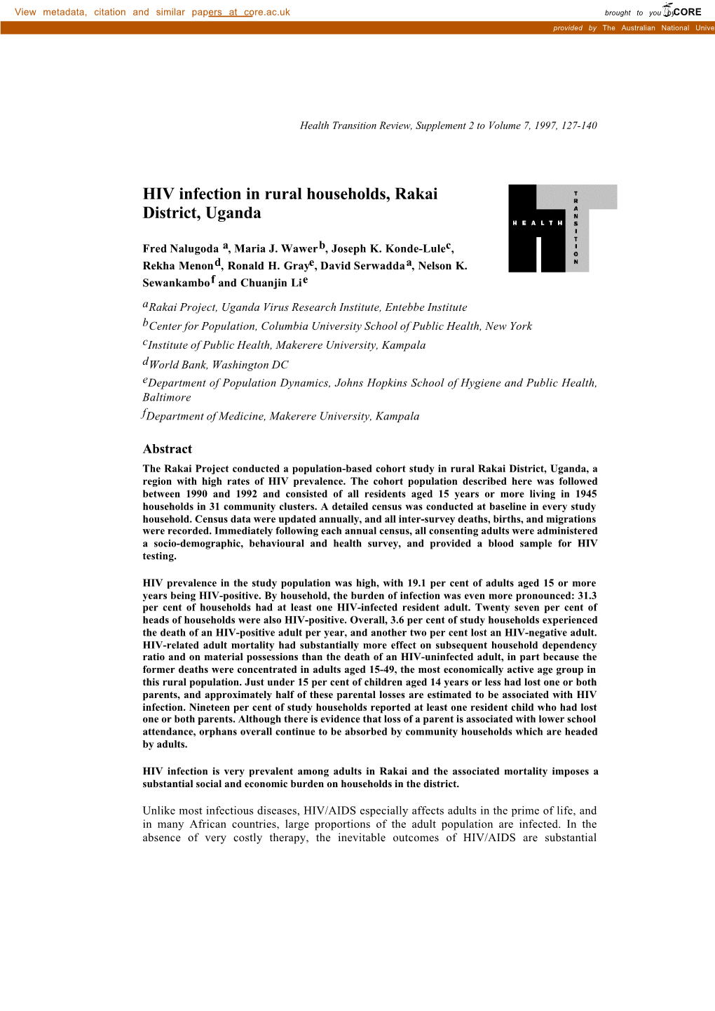 HIV Infection in Rural Households, Rakai District, Uganda