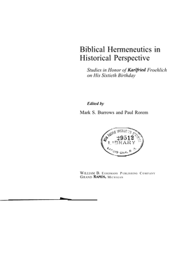 Biblical Hermeneutics in Historical Perspective