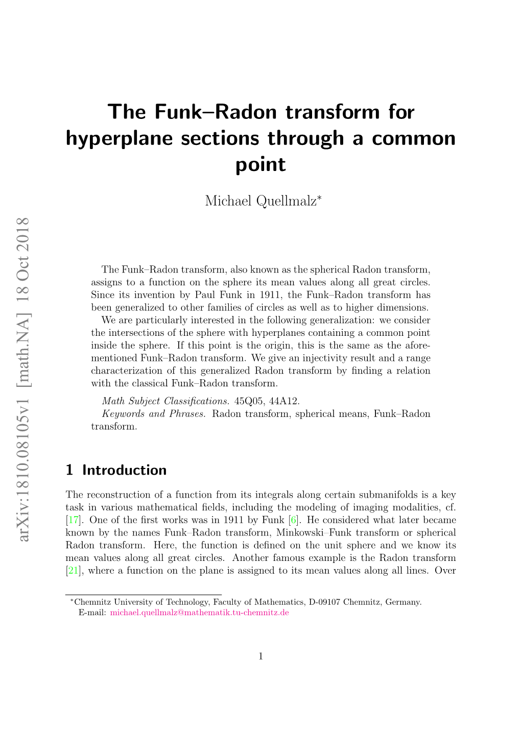 The Funk–Radon Transform for Hyperplane Sections Through a Common Point