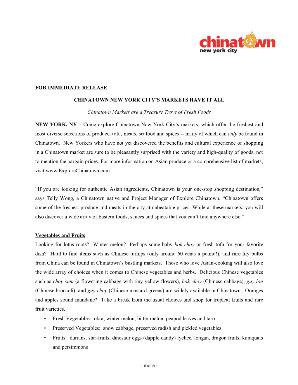 For Immediate Release Chinatown New York City's