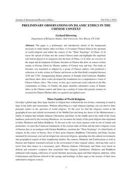 Preliminary Observations on Islamic Ethics in the Chinese Context