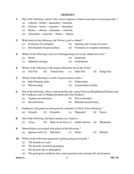 GEOLOGY 1. out of the Following, Which Is the Correct Sequence In