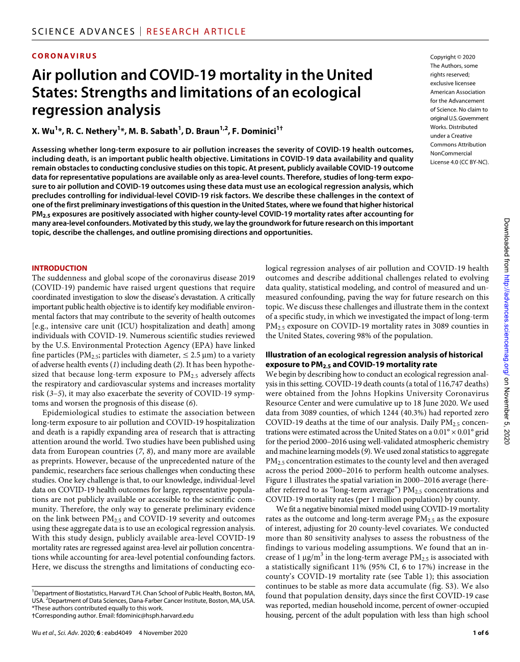 Air Pollution and COVID-19 Mortality in the United States: Strengths and Limitations of an Ecological Regression Analysis X