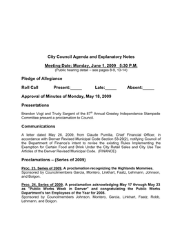 City Council Agenda and Explanatory Notes