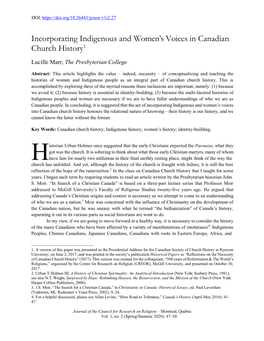 Incorporating Indigenous and Women's Voices in Canadian Church History1