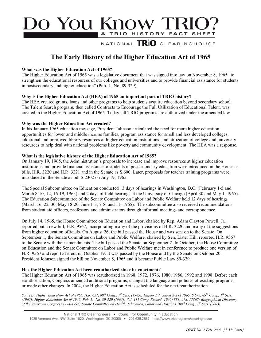 The Early History of the Higher Education Act of 1965