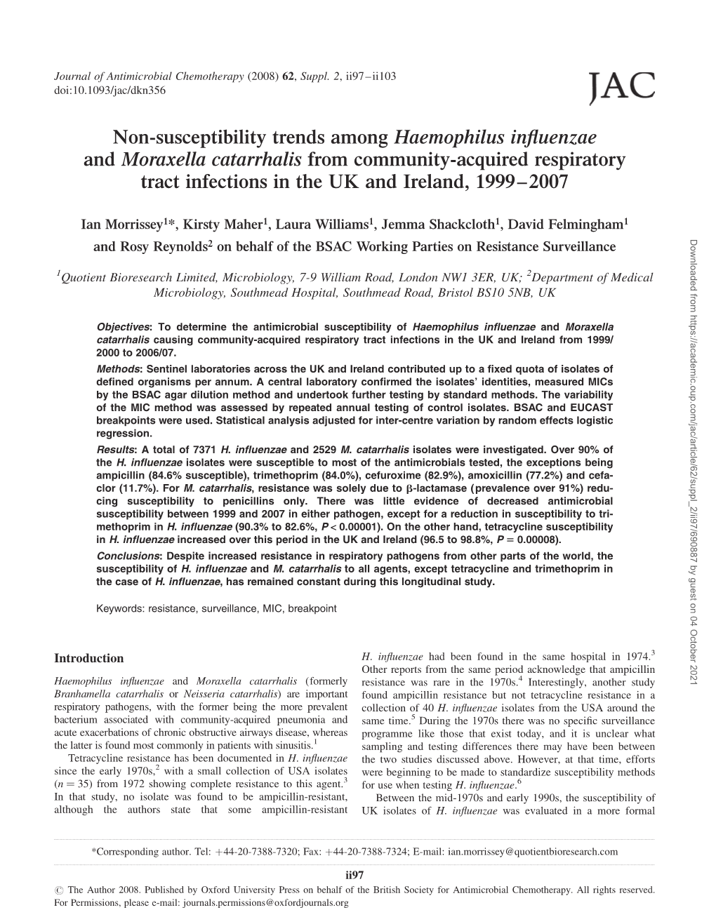 Non-Susceptibility Trends Among Haemophilus Influenzae And