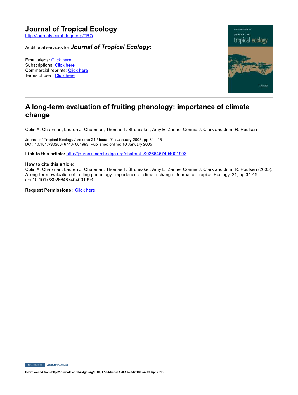 Journal of Tropical Ecology a Longterm Evaluation of Fruiting Phenology: Importance of Climate Change