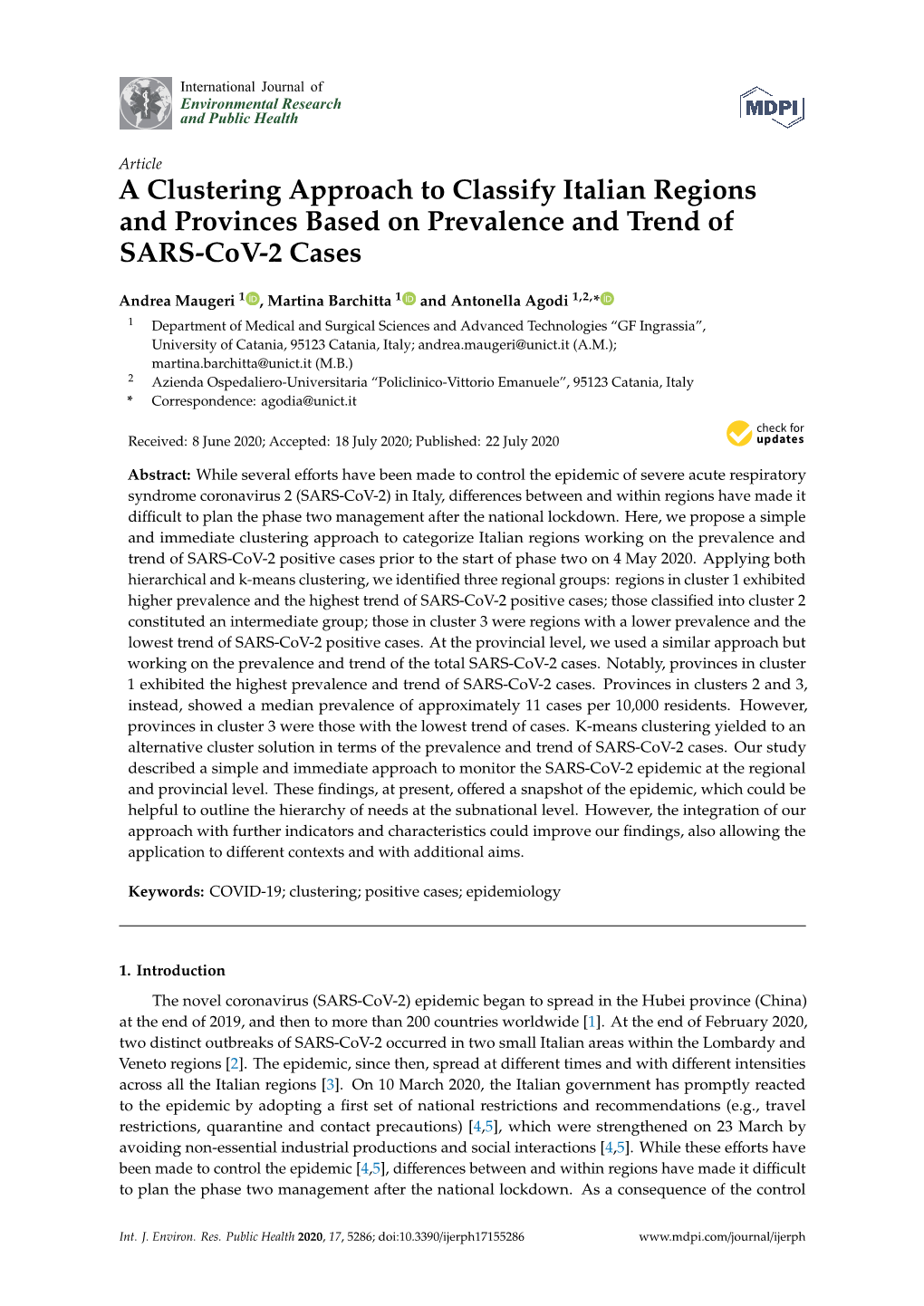 A Clustering Approach to Classify Italian Regions and Provinces Based on Prevalence and Trend of SARS-Cov-2 Cases