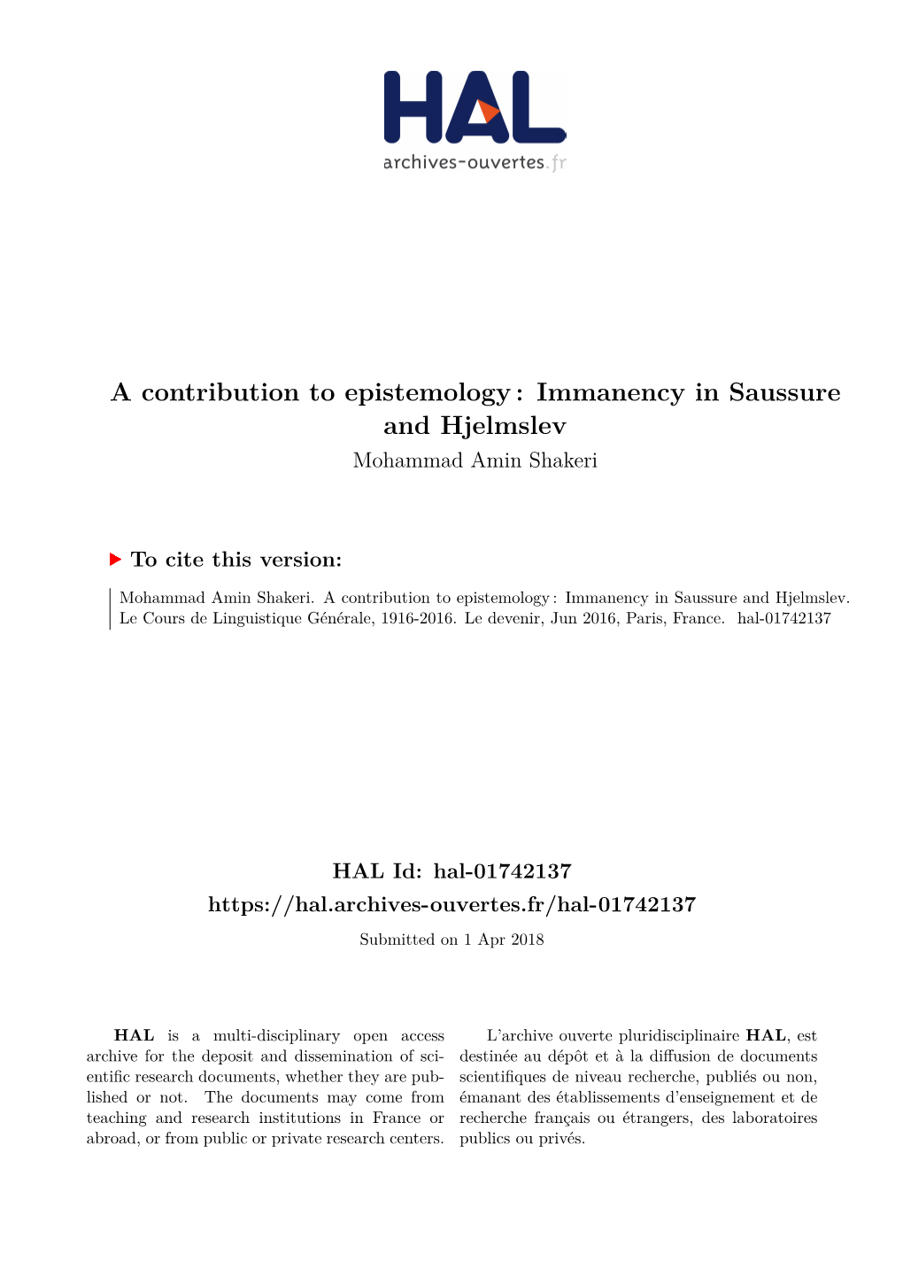 Immanency in Saussure and Hjelmslev Mohammad Amin Shakeri