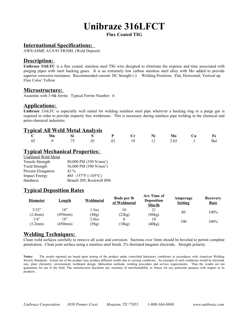 AWS/ASME A5.9-93 ER308L (Weld Deposit)