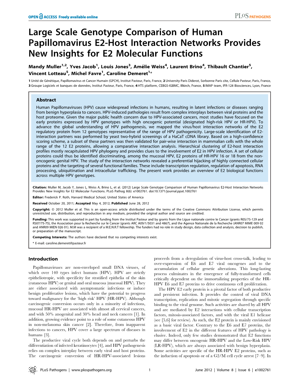 Large Scale Genotype Comparison of Human Papillomavirus E2-Host Interaction Networks Provides New Insights for E2 Molecular Functions