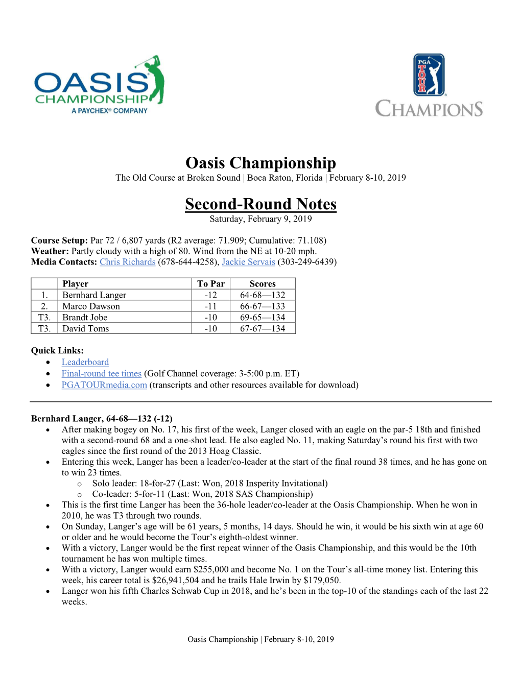 Oasis Championship Second-Round Notes