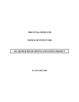 Mount Isa Mines Ltd Notice of Intent for Mcarthur River Mining Expansion