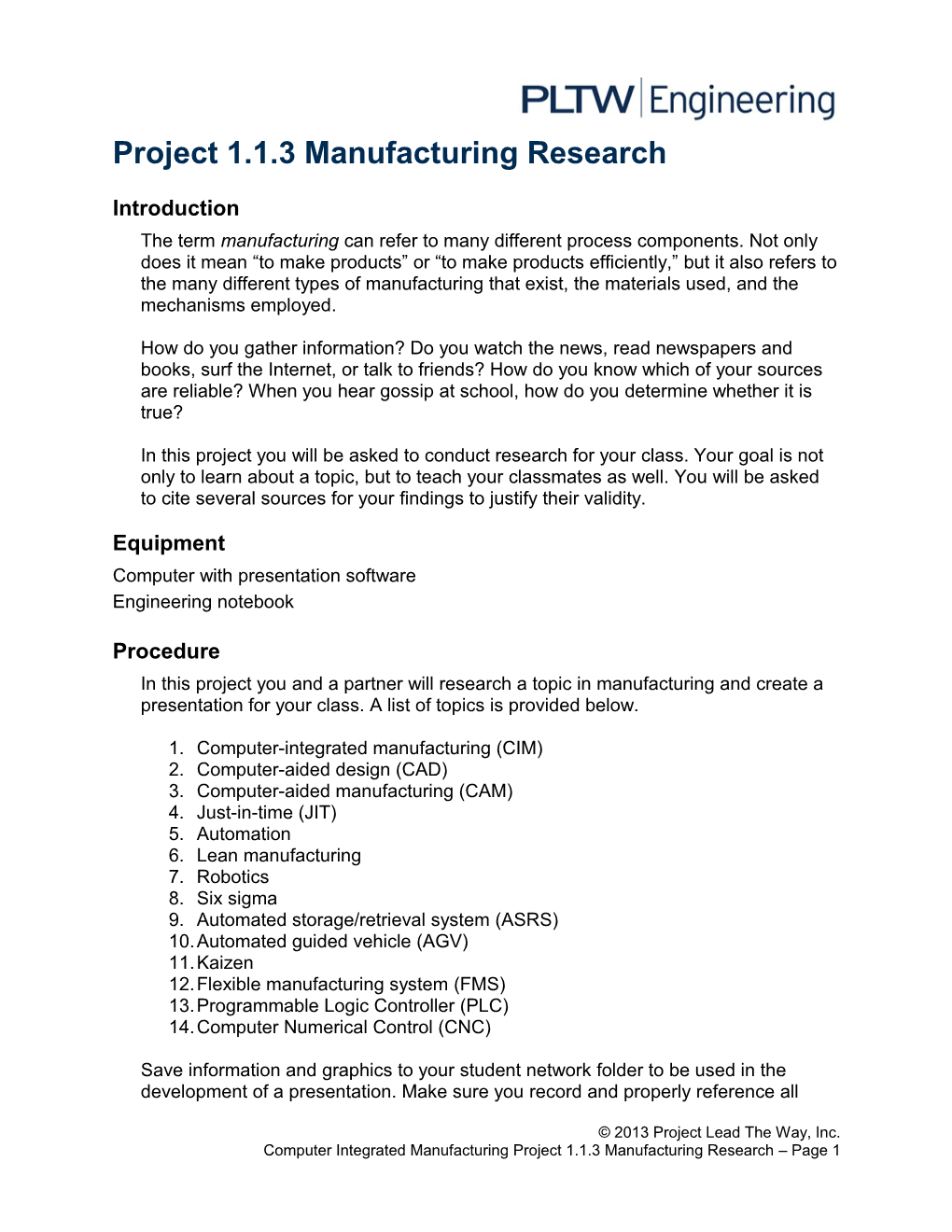 Project 1.1.3 Manufacturing Research