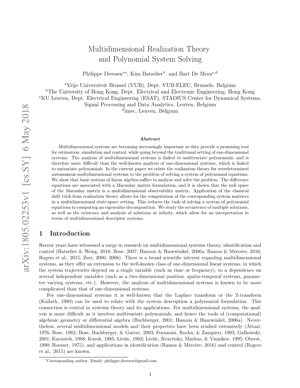 Multidimensional Realization Theory and Polynomial System Solving