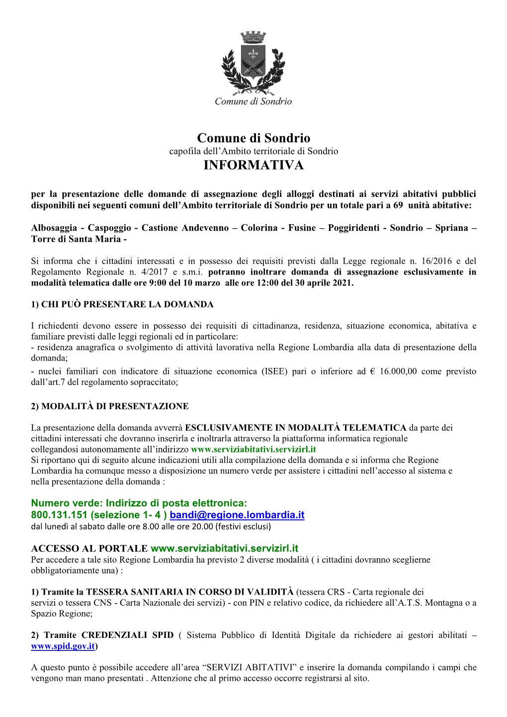 Comune Di Sondrio INFORMATIVA