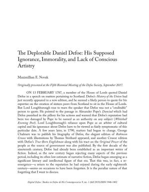 The Deplorable Daniel Defoe: His Supposed Ignorance, Immorality, and Lack of Conscious Artistry