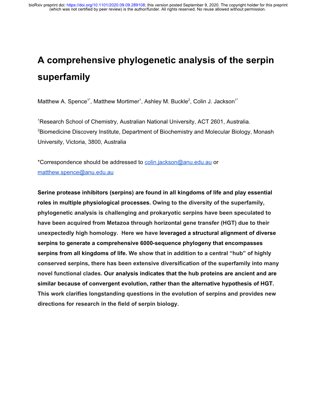 A Comprehensive Phylogenetic Analysis of the Serpin Superfamily
