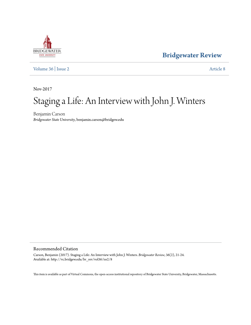 An Interview with John J. Winters Benjamin Carson Bridgewater State University, Benjamin.Carson@Bridgew.Edu