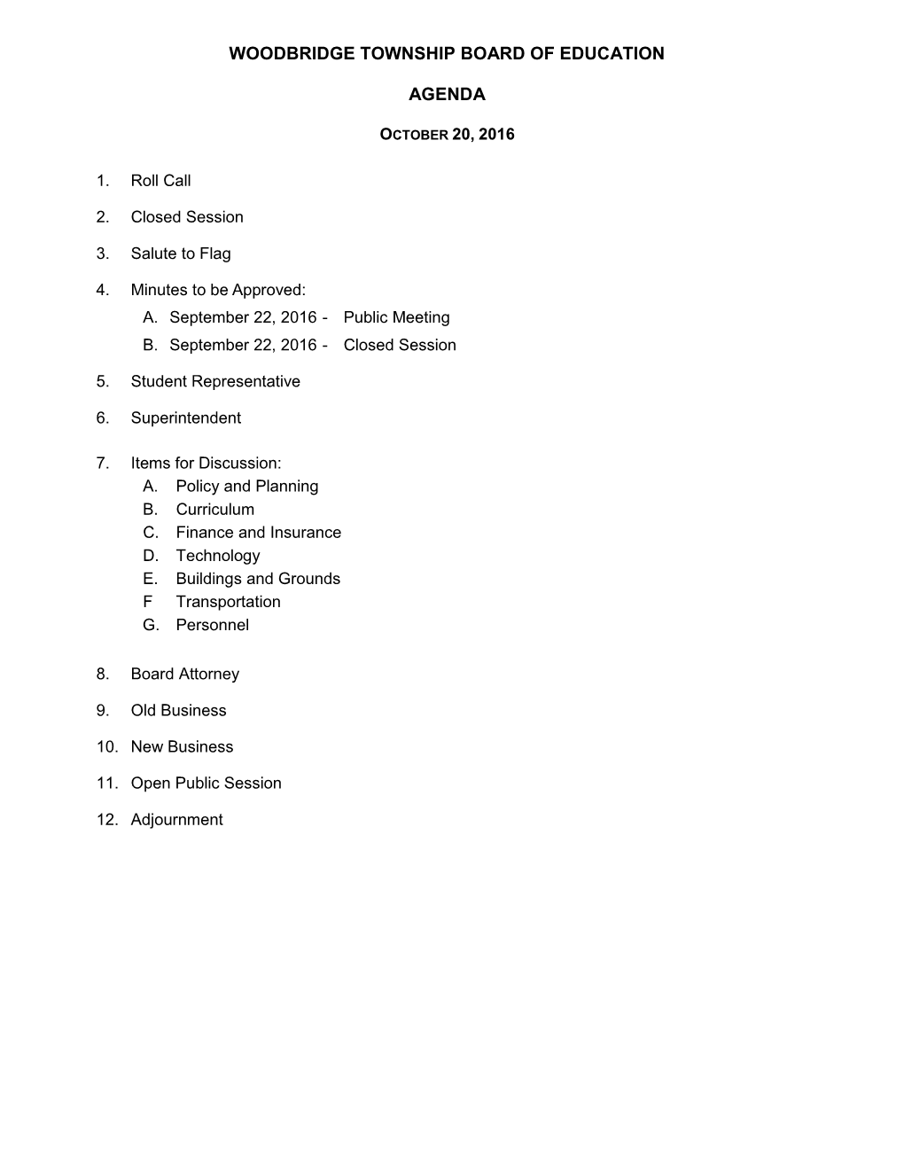 Woodbridge Township Board of Education Agenda