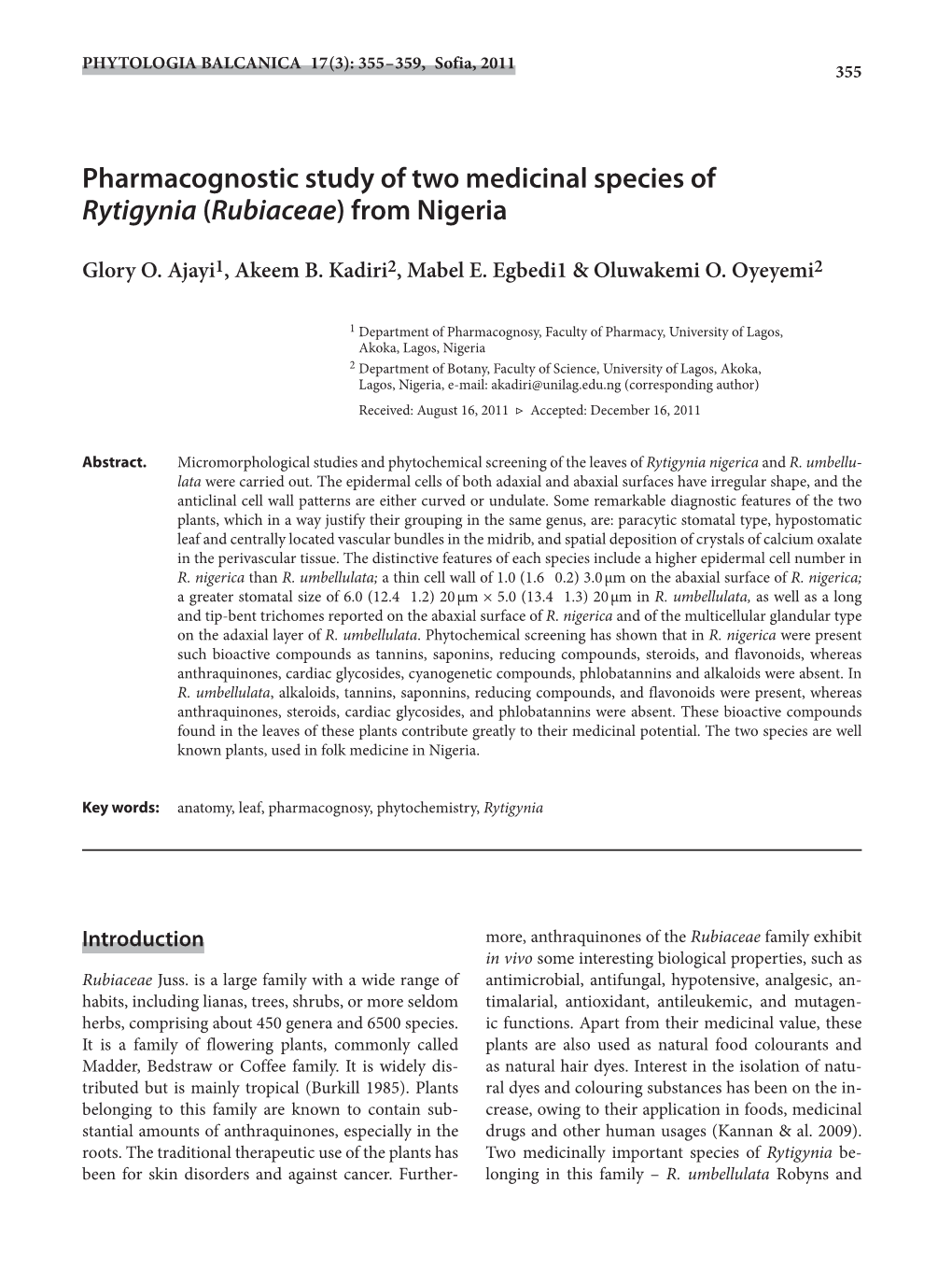 Pharmacognostic Study of Two Medicinal Species of Rytigynia (Rubiaceae) from Nigeria