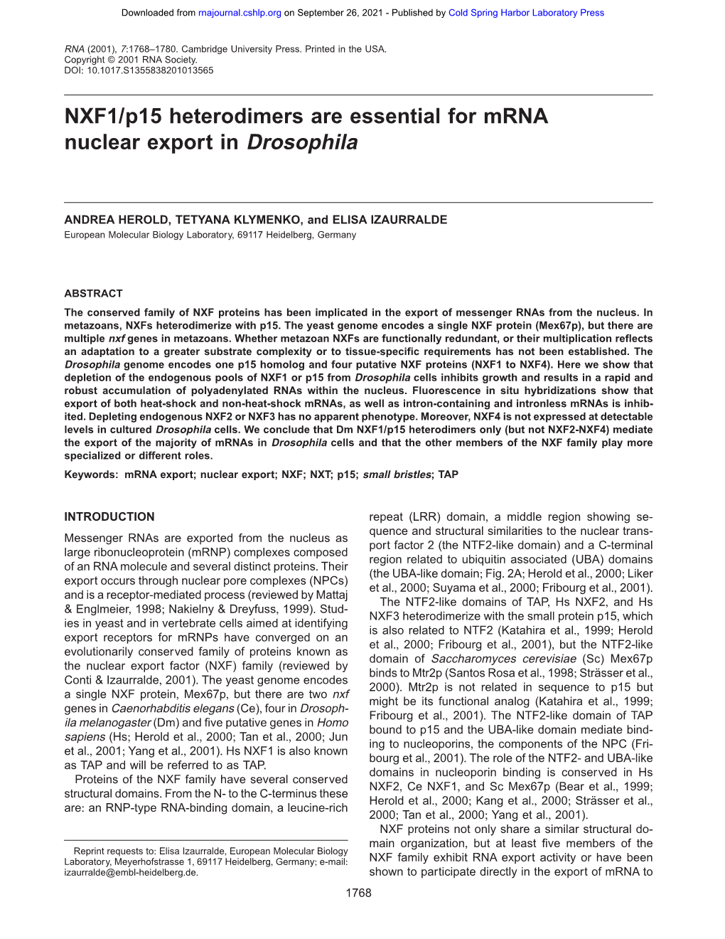 NXF1/P15 Heterodimers Are Essential for Mrna Nuclear Export in Drosophila