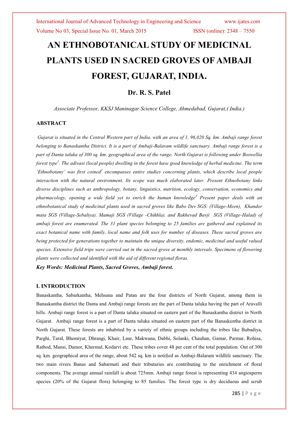 An Ethnobotanical Study of Medicinal Plants Used in Sacred Groves of Ambaji Forest, Gujarat, India