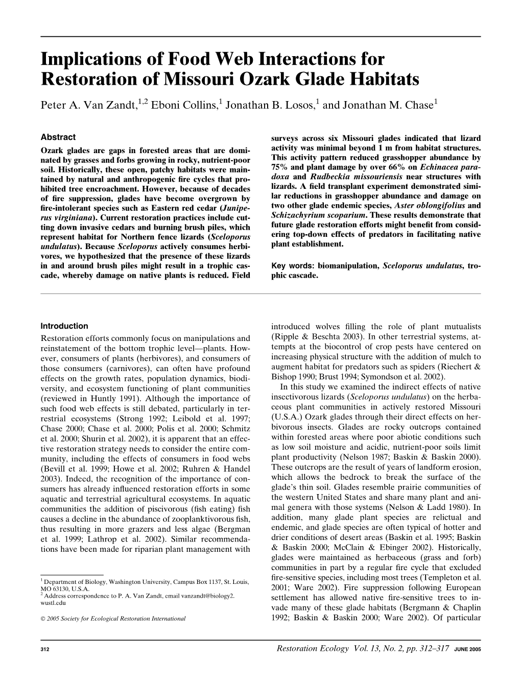 Implications of Food Web Interactions for Restoration of Missouri Ozark Glade Habitats Peter A