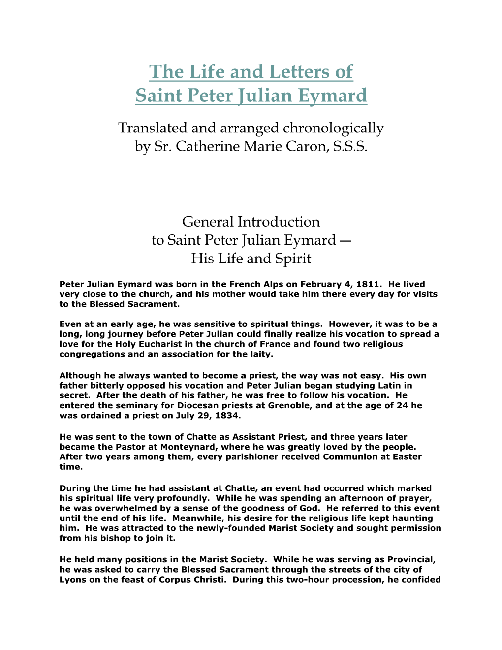 The Life and Letters of Saint Peter Julian Eymard