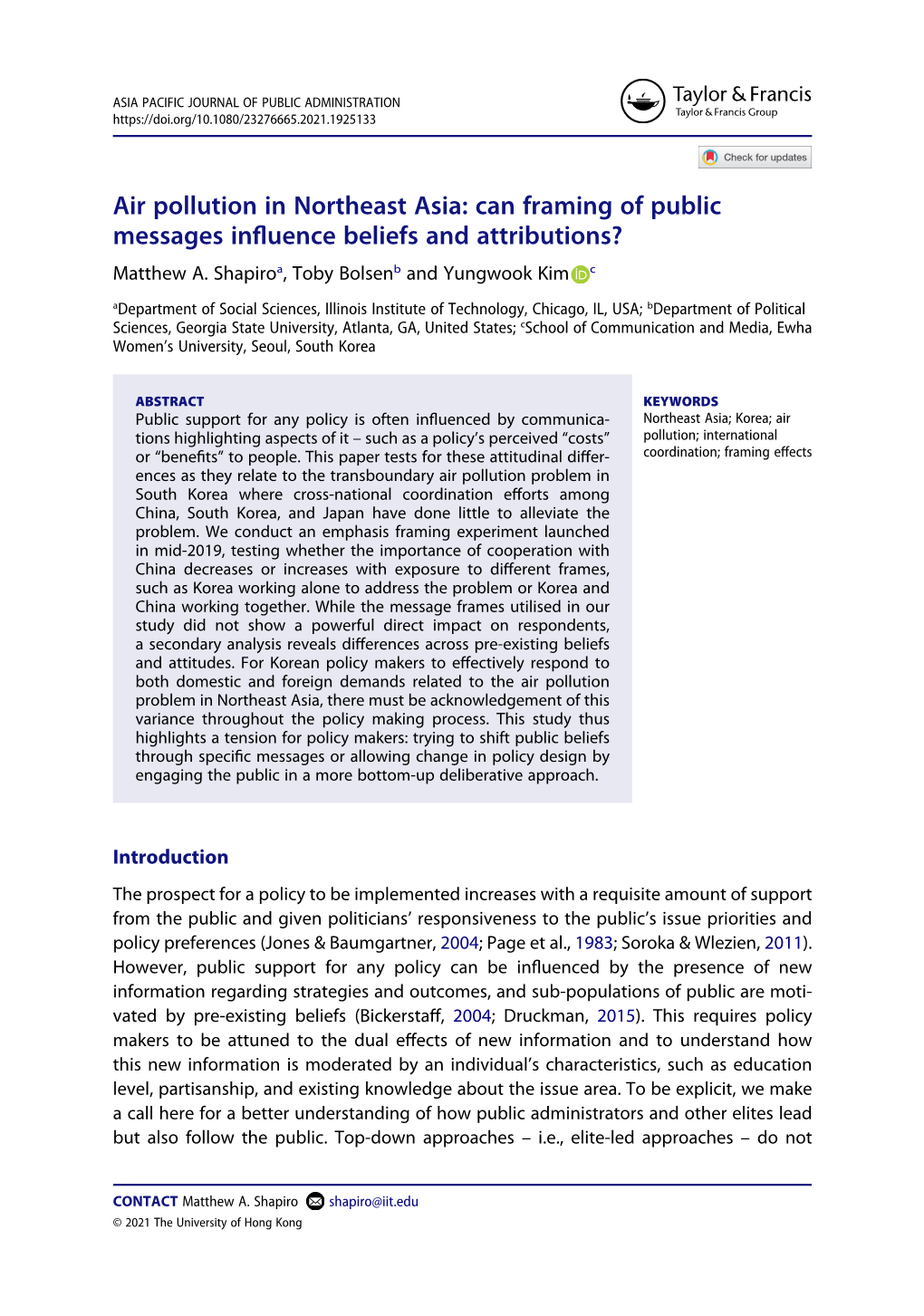 Air Pollution in Northeast Asia: Can Framing of Public Messages Influence Beliefs and Attributions? Matthew A