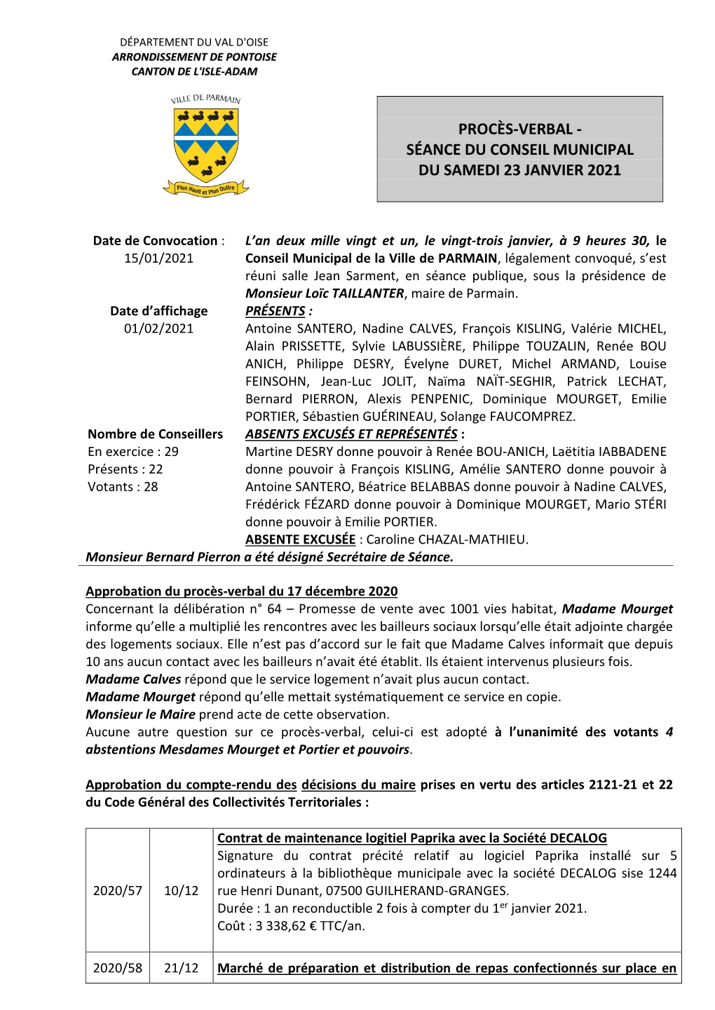 Procès-Verbal - Séance Du Conseil Municipal Du Samedi 23 Janvier 2021