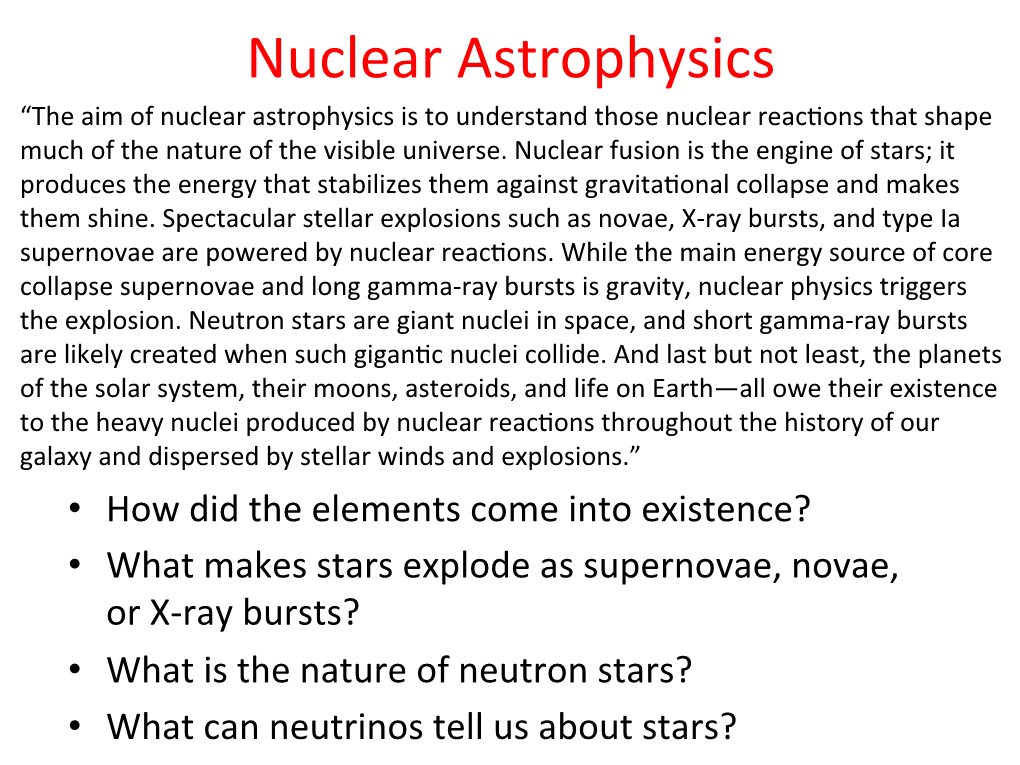 Nuclear Astrophysics “The Aim of Nuclear Astrophysics Is to Understand Those Nuclear Reac�Ons That Shape Much of the Nature of the Visible Universe