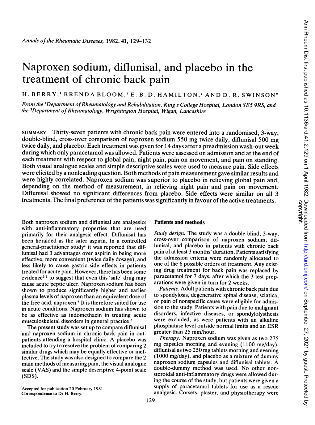 Naproxen Sodium, Diflunisal, and Placebo Inthe