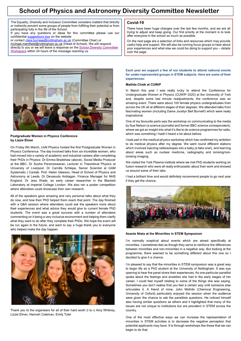 School of Physics and Astronomy Diversity Committee Newsletter