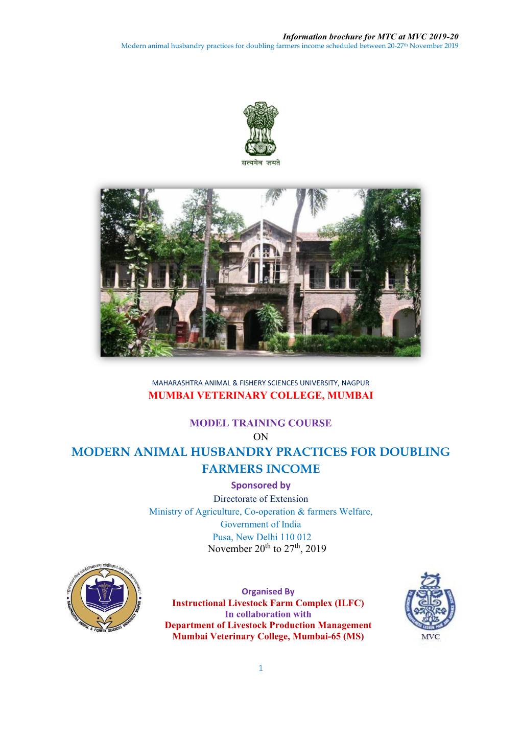 Modern Animal Husbandry Practices for Doubling Farmers Income Scheduled Between 20-27Th November 2019