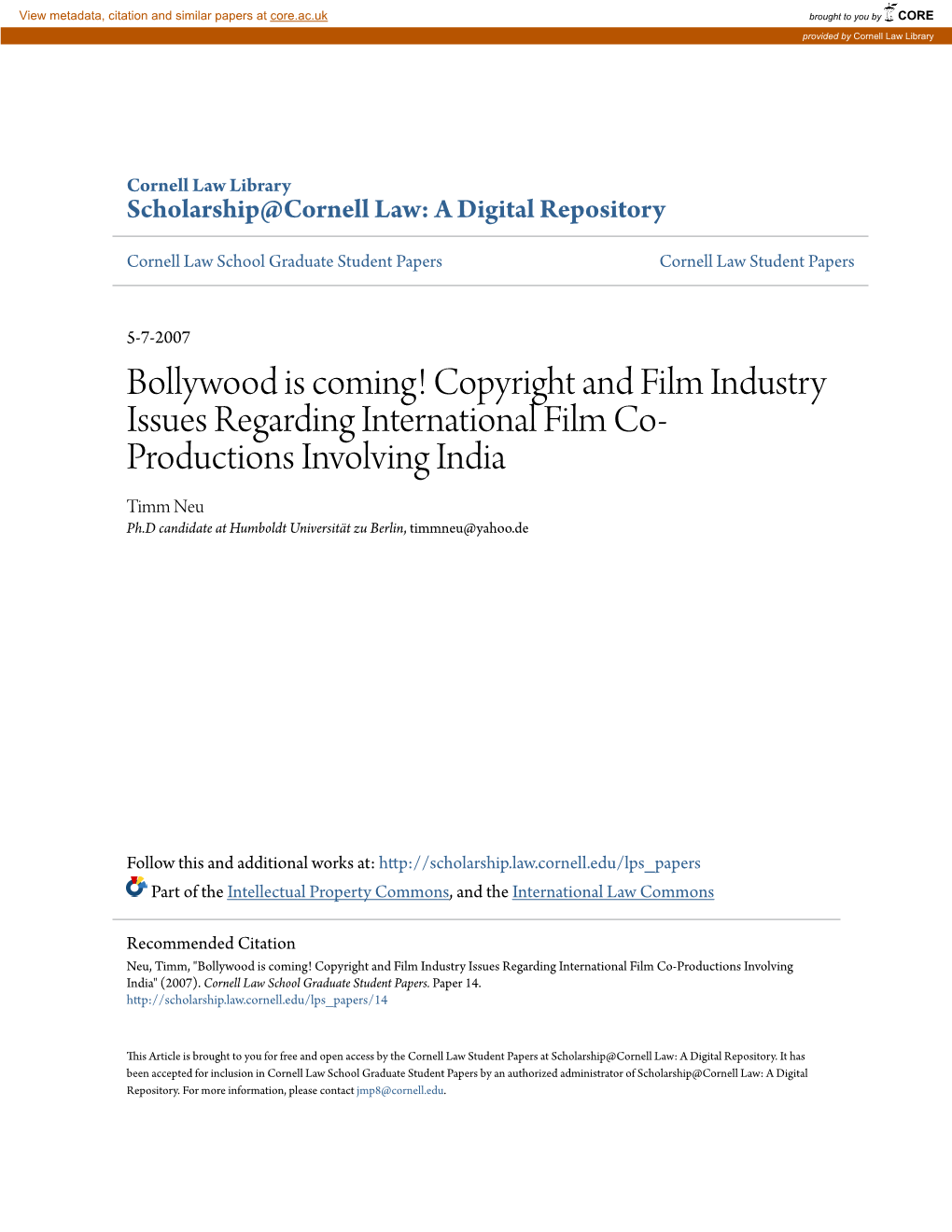 Bollywood Is Coming! Copyright and Film Industry Issues Regarding International Film Co-Productions Involving India