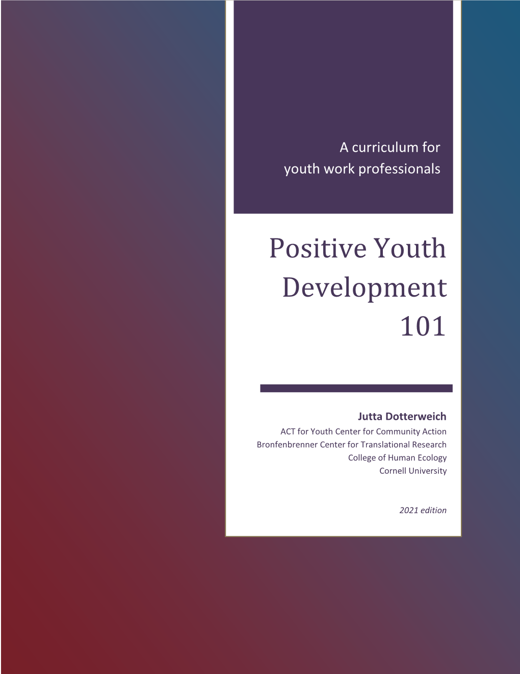 Positive Youth Development 101: a Curriculum for Youth Work Professionals