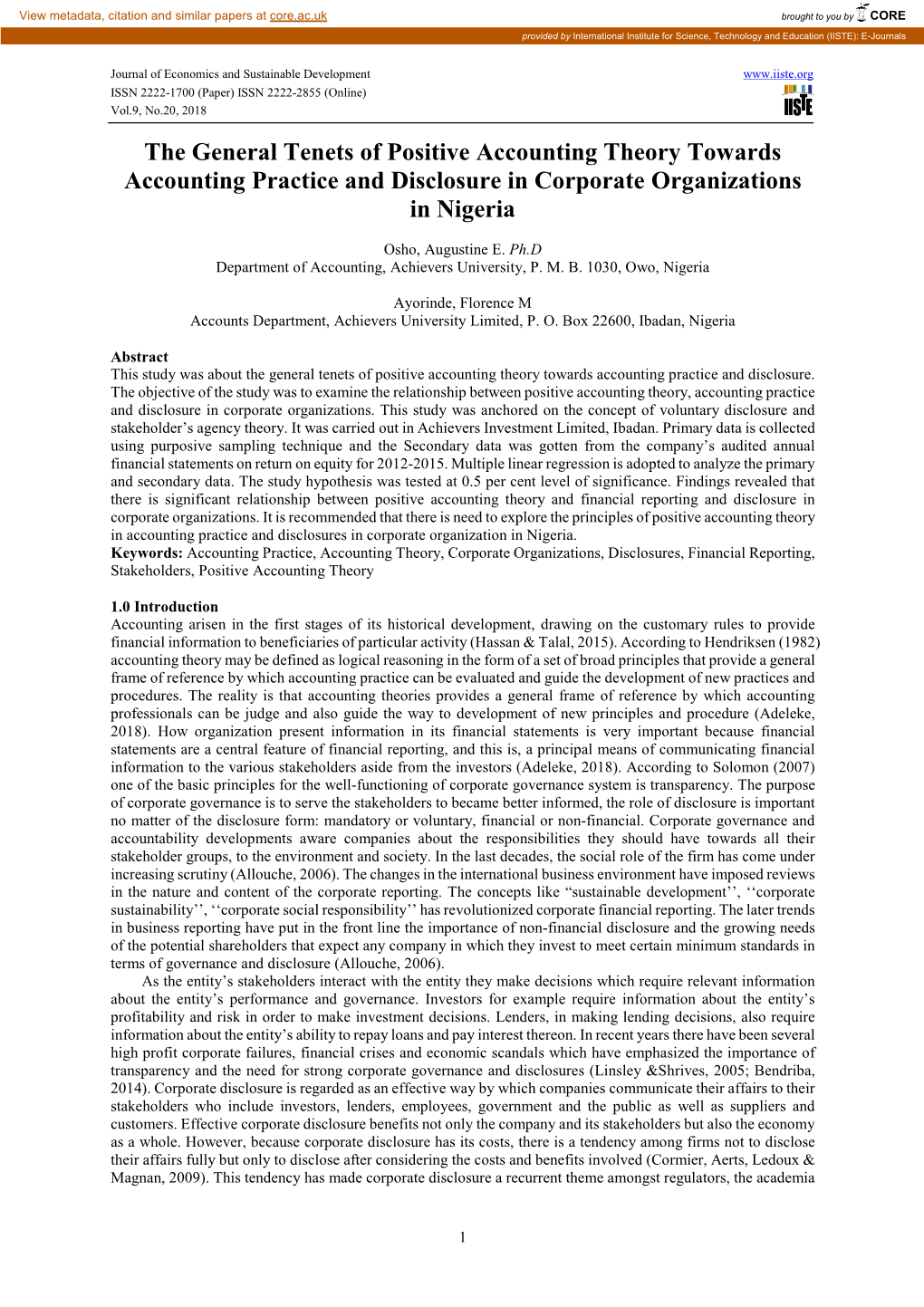 The General Tenets of Positive Accounting Theory Towards Accounting Practice and Disclosure in Corporate Organizations in Nigeria