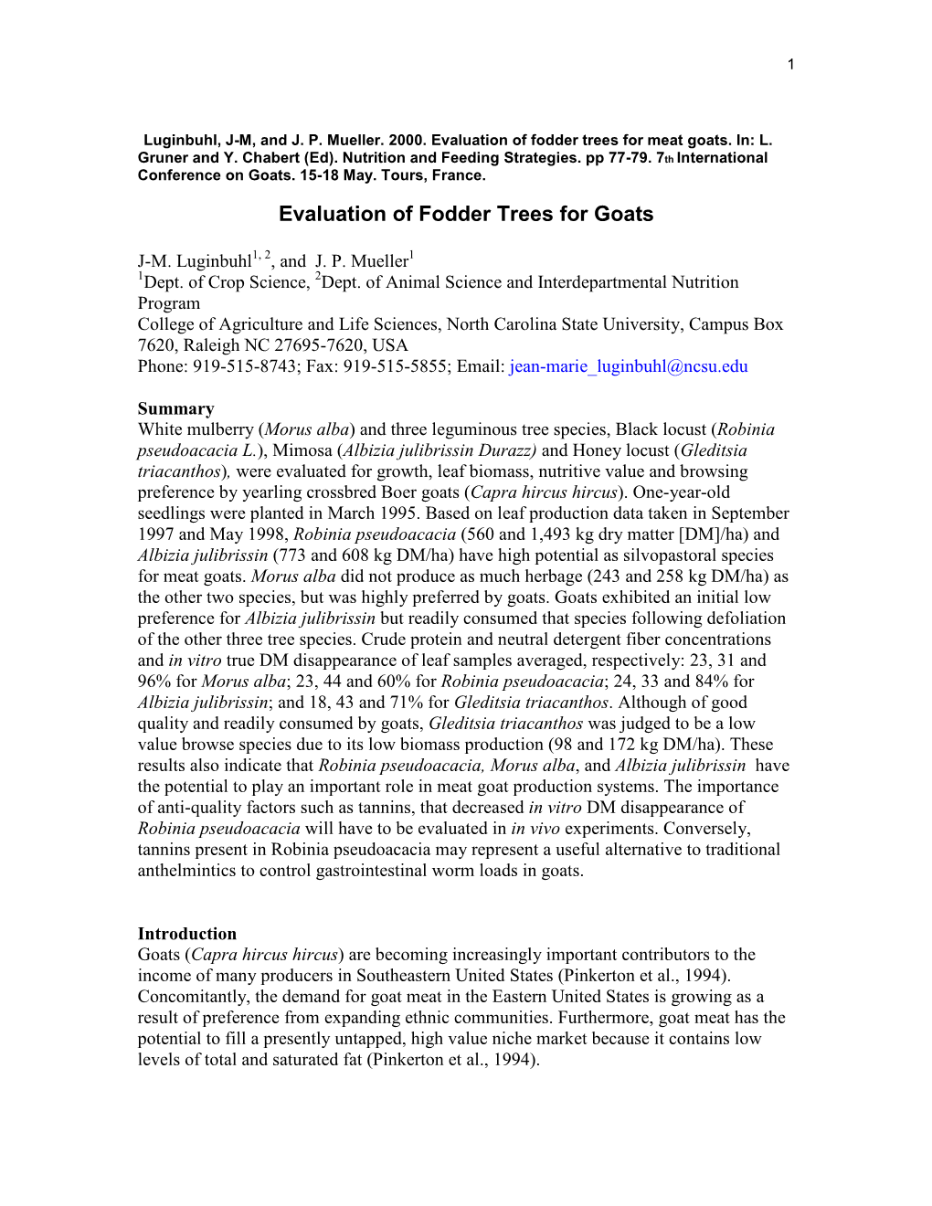 Evaluation of Fodder Trees for Goats