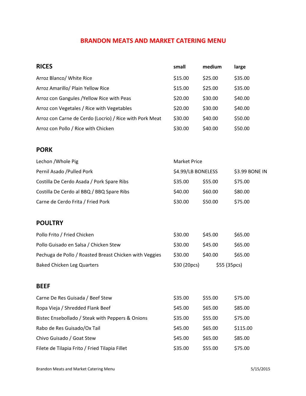 Brandon Meats and Market Catering Menu Rices Pork