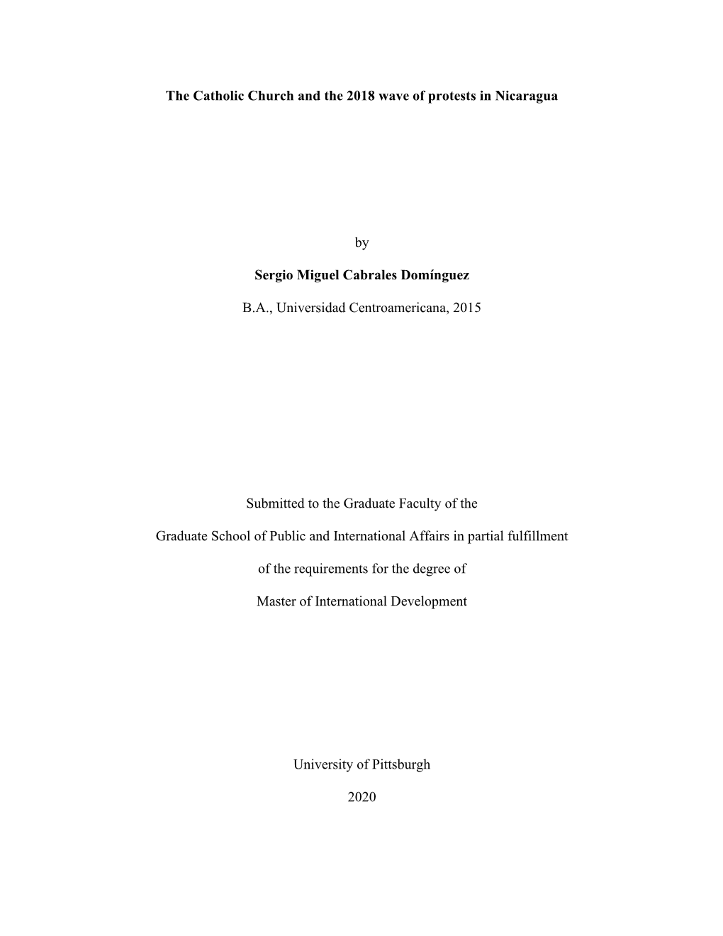 The Catholic Church and the 2018 Wave of Protests in Nicaragua By