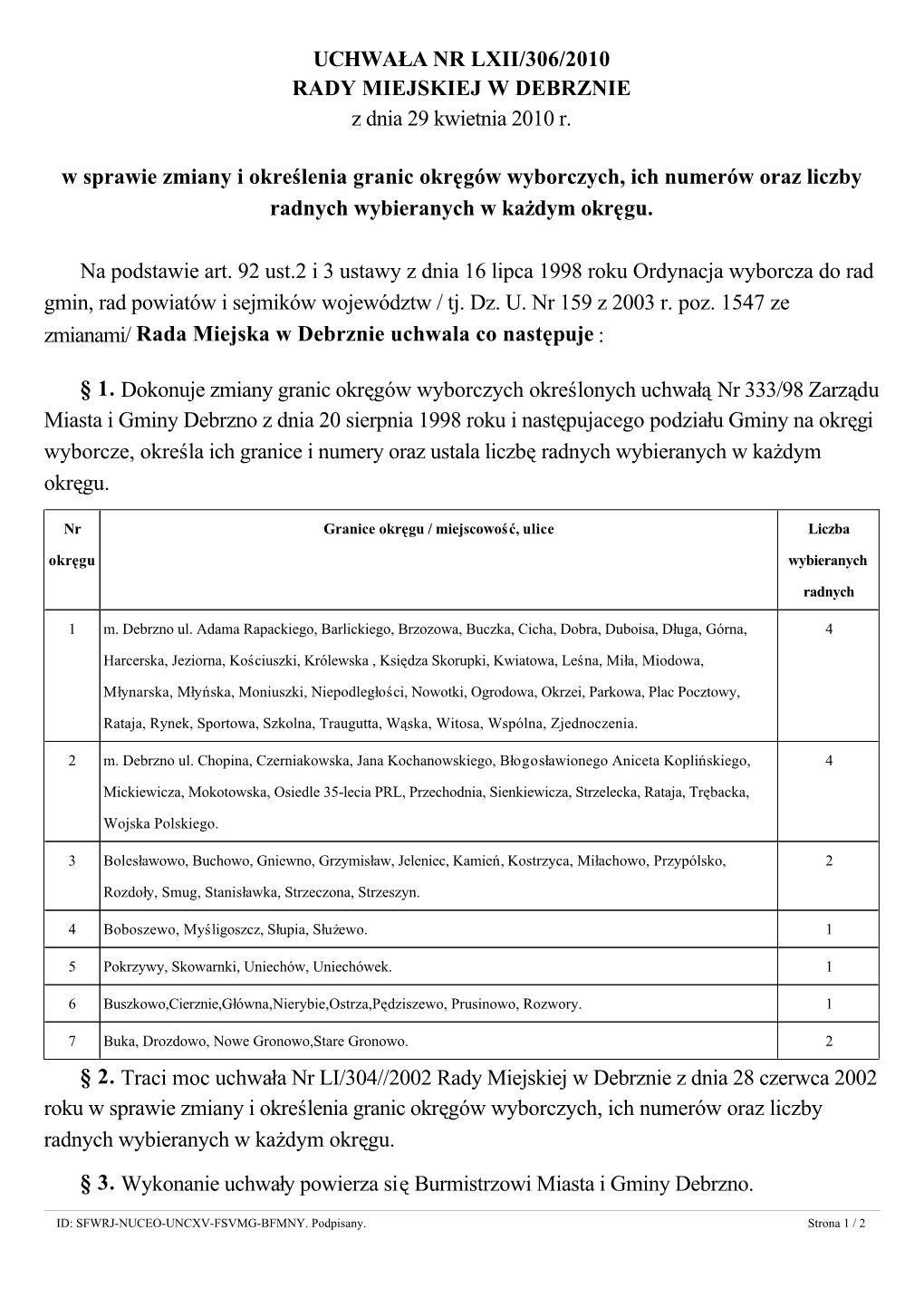 UCHWAŁA NR LXII/306/2010 RADY MIEJSKIEJ W DEBRZNIE Z Dnia 29 Kwietnia 2010 R