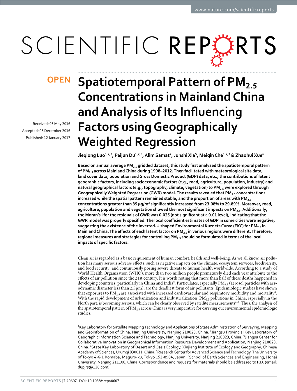 Spatiotemporal Pattern of PM2.5 Concentrations in Mainland China