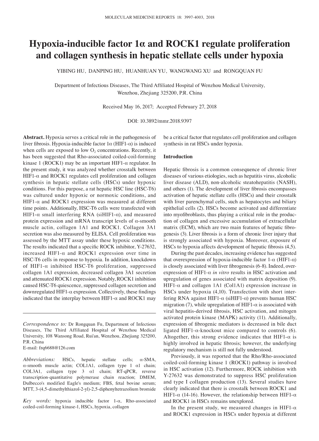 Hypoxia‑Inducible Factor 1Α and ROCK1 Regulate Proliferation and Collagen Synthesis in Hepatic Stellate Cells Under Hypoxia