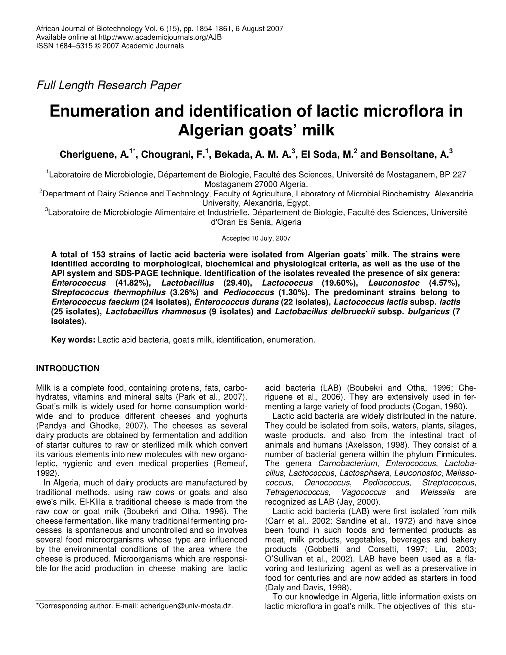Enumeration and Identification of Lactic Microflora in Algerian Goats' Milk